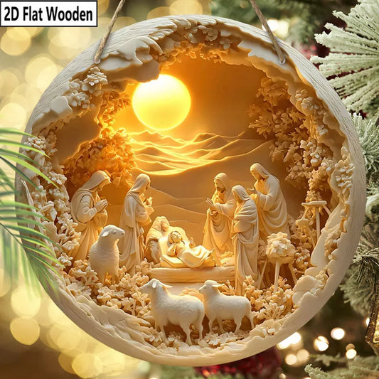 2D Christmas Nativity Scene Wall Art – Wooden Circular Relief Decoration