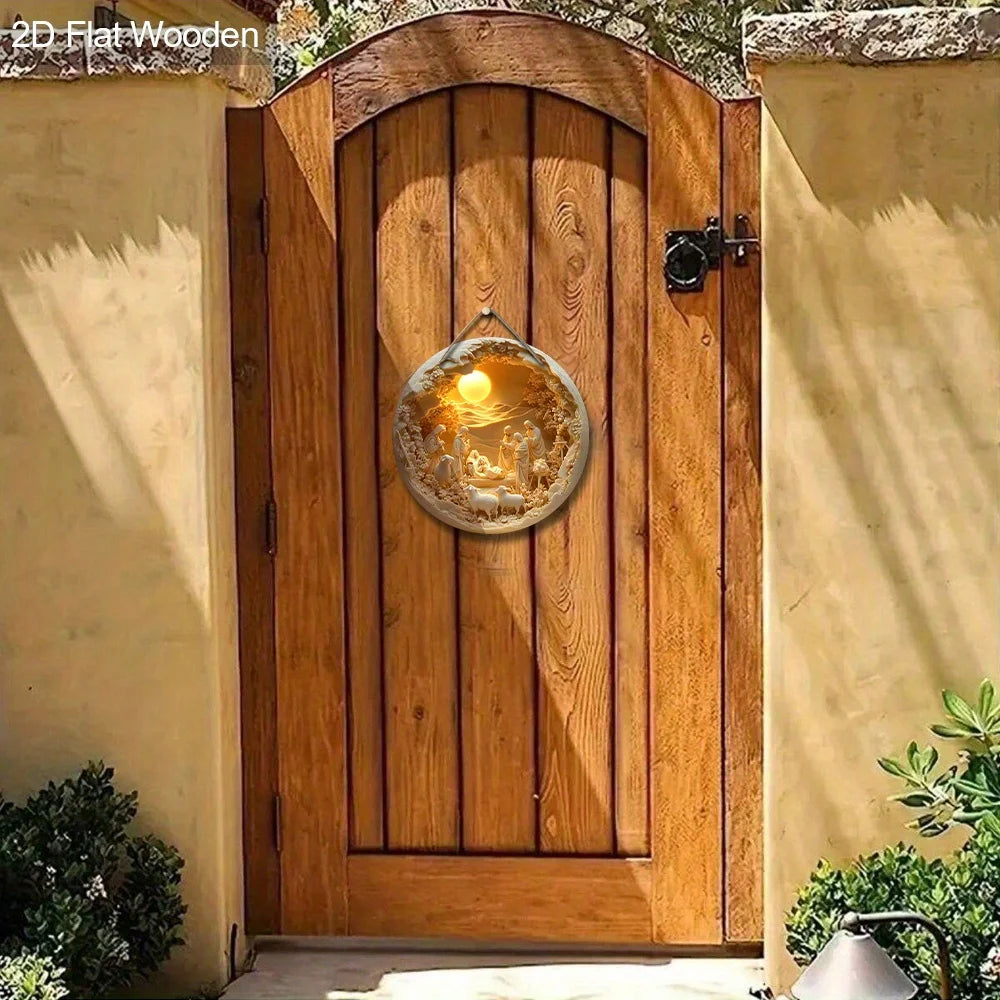 2D Christmas Nativity Scene Wall Art – Wooden Circular Relief Decoration