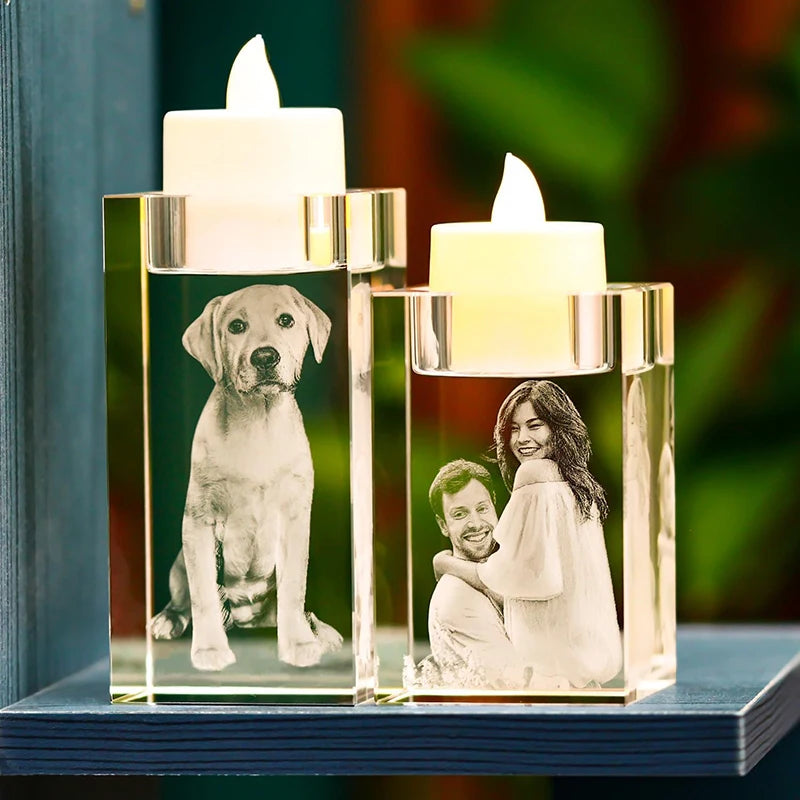 Personalized 3D Crystal Photo Candleholder – Custom Memorial Gift for Loved Ones & Pets
