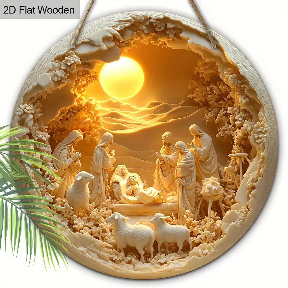 2D Christmas Nativity Scene Wall Art – Wooden Circular Relief Decoration