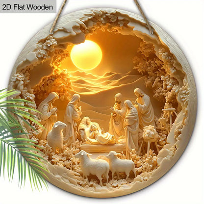 2D Christmas Nativity Scene Wall Art – Wooden Circular Relief Decoration