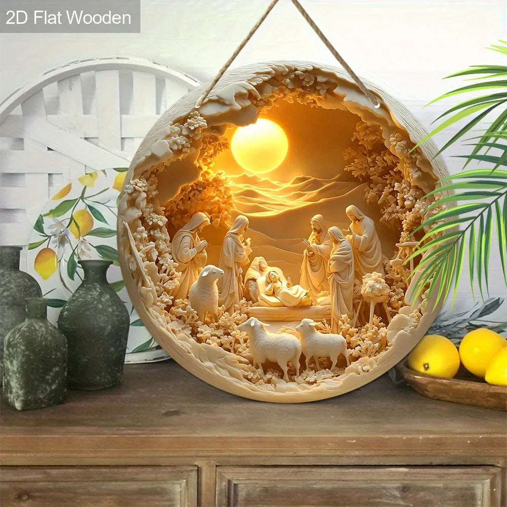 2D Christmas Nativity Scene Wall Art – Wooden Circular Relief Decoration