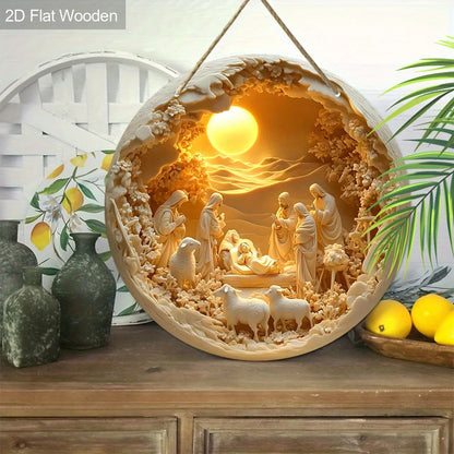 2D Christmas Nativity Scene Wall Art – Wooden Circular Relief Decoration